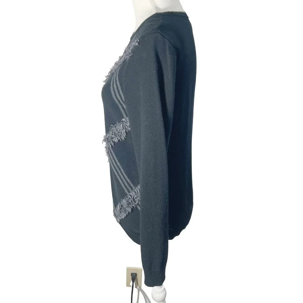 Vintage Bass Black and Grey Plaid Sweater Fringe Women's Size M Grunge Punk - Picture 3 of 7